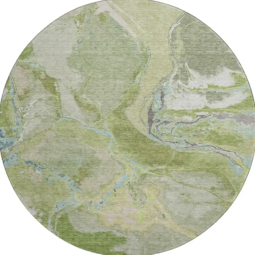 8' Green Blue And Gray Abstract Washable Round Rug With UV Protection Photo 3