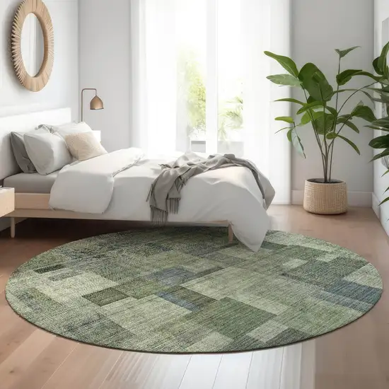 8' Green Blue And Gray Geometric Washable Round Rug With UV Protection Photo 5