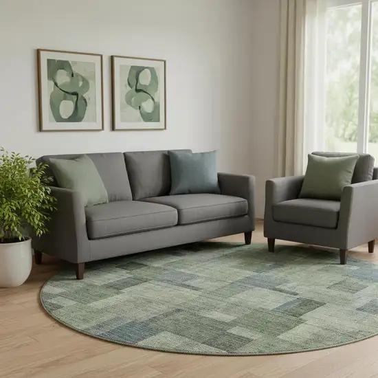 8' Green Blue And Gray Geometric Washable Round Rug With UV Protection Photo 1