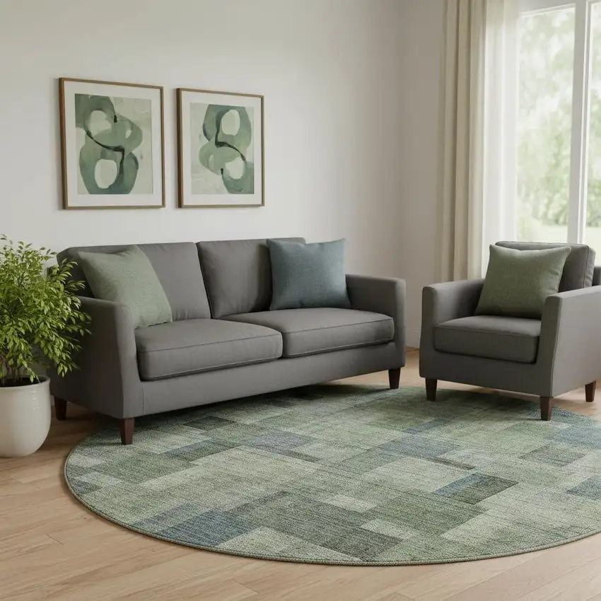 8' Green Blue And Gray Geometric Washable Round Rug With UV Protection Photo 1