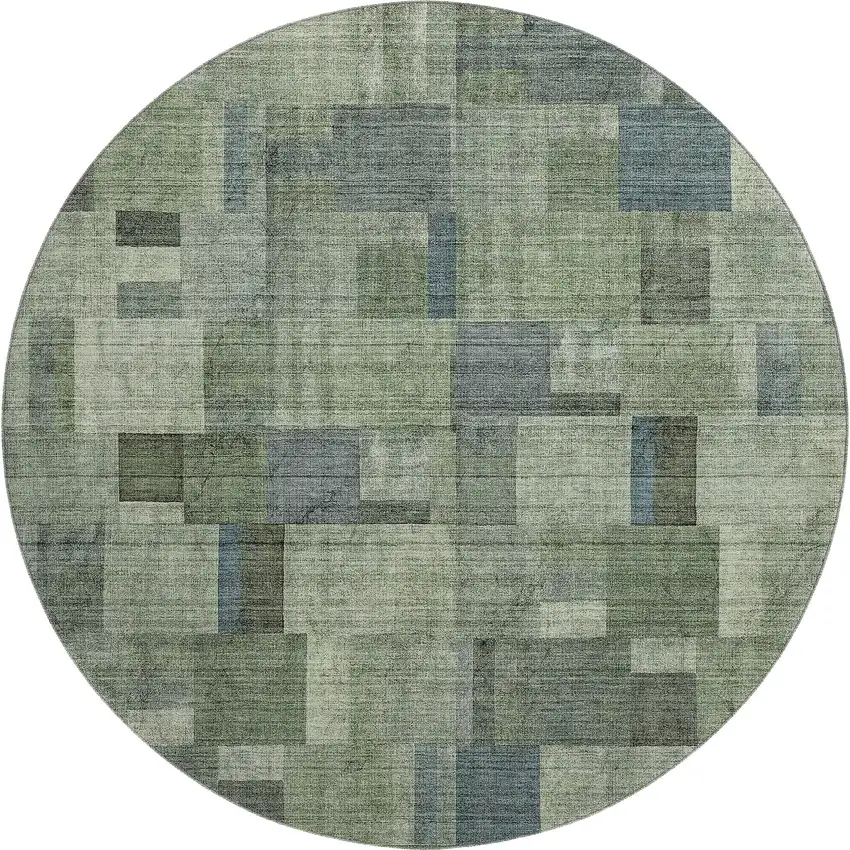 8' Green Blue And Gray Geometric Washable Round Rug With UV Protection Photo 1