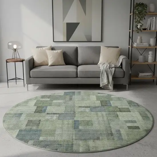 8' Green Blue And Gray Geometric Washable Round Rug With UV Protection Photo 2