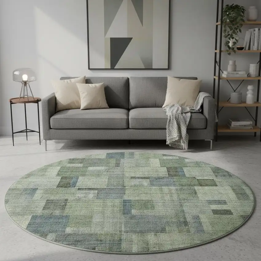 8' Green Blue And Gray Geometric Washable Round Rug With UV Protection Photo 2