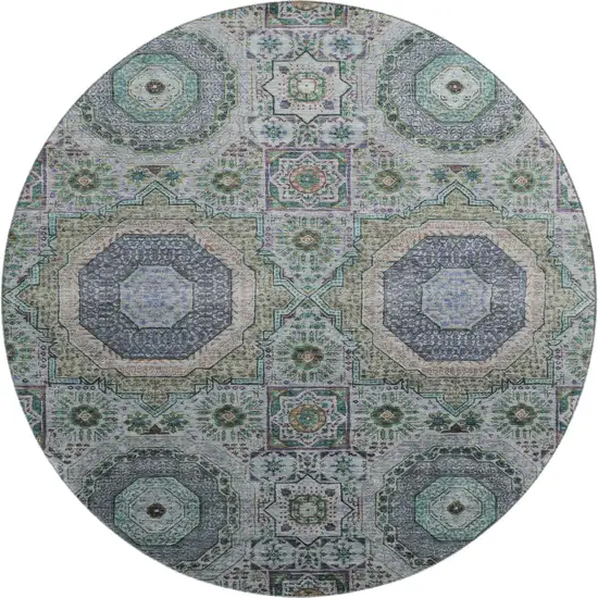 8' Green Blue And Gray Medallion Washable Round Rug With UV Protection Photo 1