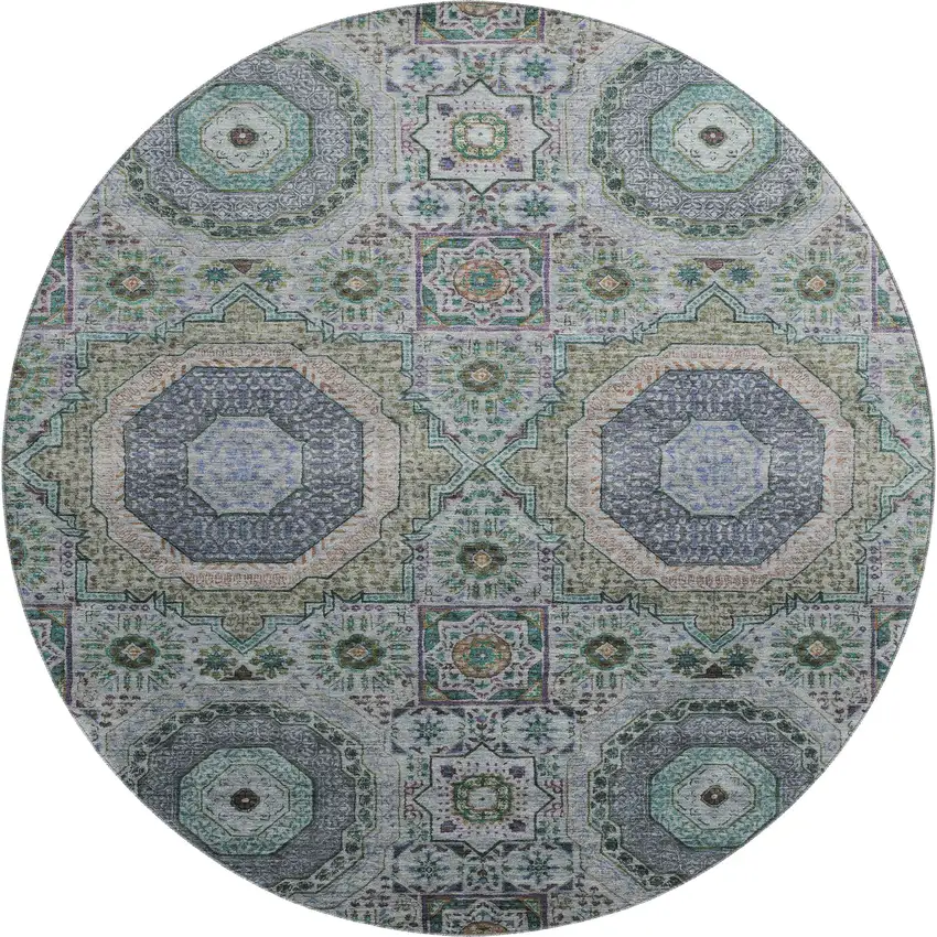 8' Green Blue And Gray Medallion Washable Round Rug With UV Protection Photo 1