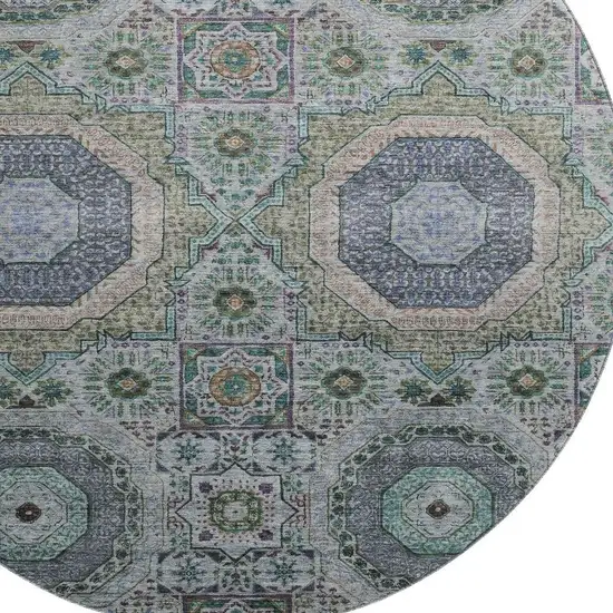 8' Green Blue And Gray Medallion Washable Round Rug With UV Protection Photo 3