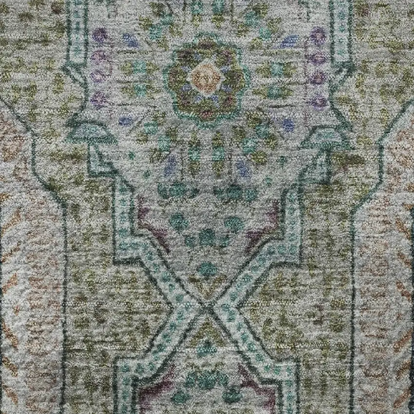 8' Green Blue And Gray Medallion Washable Round Rug With UV Protection Photo 9