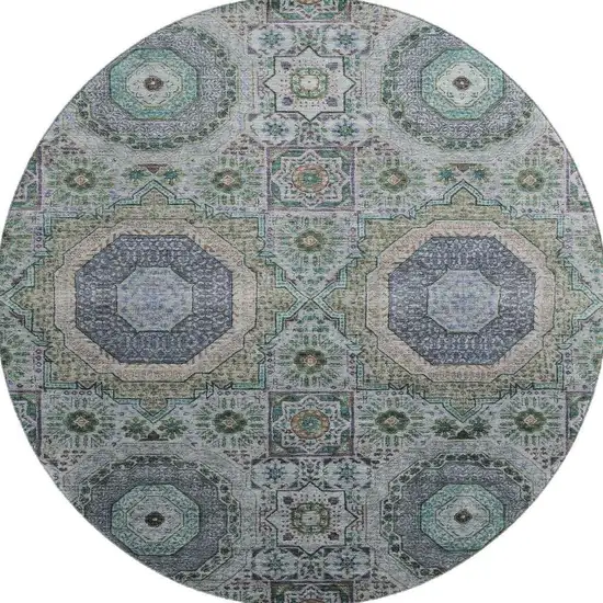 8' Green Blue And Gray Medallion Washable Round Rug With UV Protection Photo 4