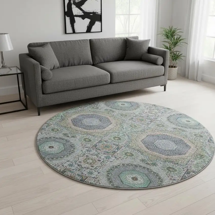 8' Green Blue And Gray Medallion Washable Round Rug With UV Protection Photo 2