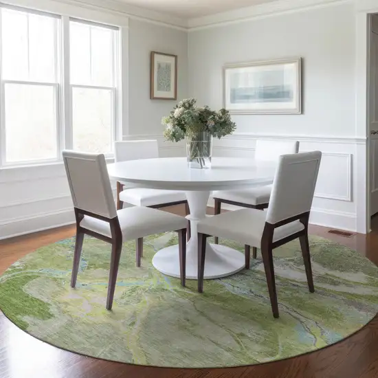 8' Green Blue And Gray Round Abstract Washable Indoor Outdoor Area Rug Photo 8