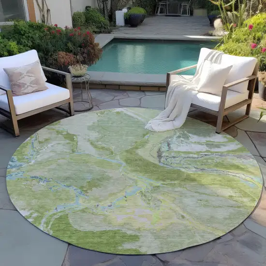 8' Green Blue And Gray Round Abstract Washable Indoor Outdoor Area Rug Photo 7