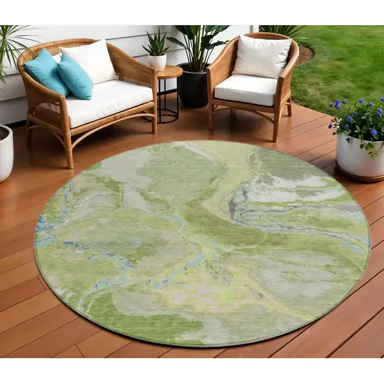 8' Green Blue And Gray Round Abstract Washable Indoor Outdoor Area Rug Photo 1