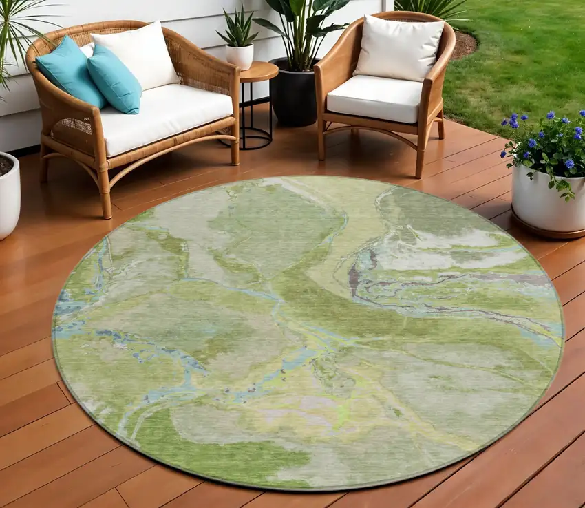 8' Green Blue And Gray Round Abstract Washable Indoor Outdoor Area Rug Photo 1
