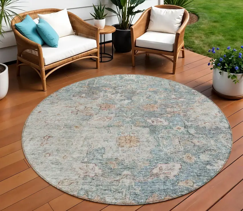 8' Green Blue And Gray Round Oriental Washable Indoor Outdoor Area Rug Photo 1