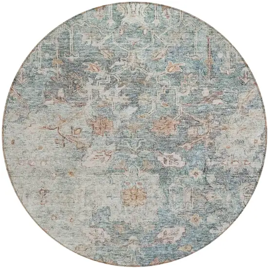 8' Green Blue And Gray Round Oriental Washable Indoor Outdoor Area Rug Photo 2