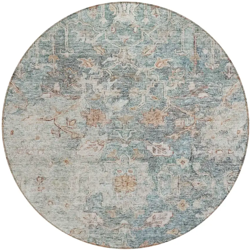 8' Green Blue And Gray Round Oriental Washable Indoor Outdoor Area Rug Photo 2
