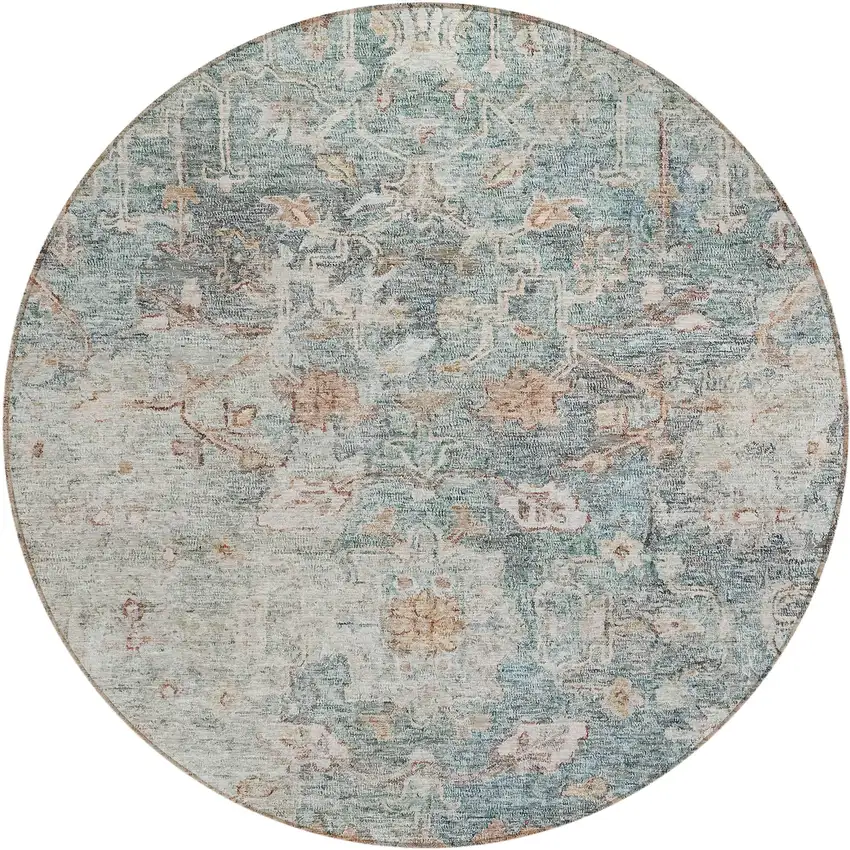 8' Green Blue And Gray Round Oriental Washable Indoor Outdoor Area Rug Photo 2