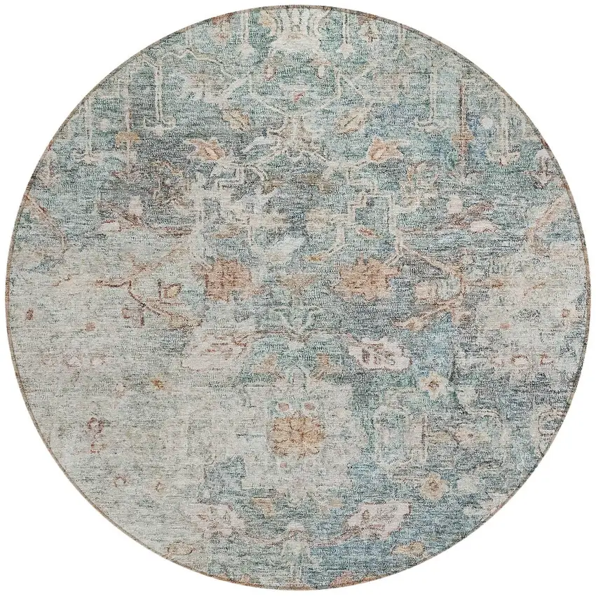 8' Green Blue And Gray Round Oriental Washable Indoor Outdoor Area Rug Photo 4