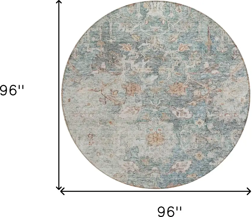 8' Green Blue And Gray Round Oriental Washable Indoor Outdoor Area Rug Photo 3