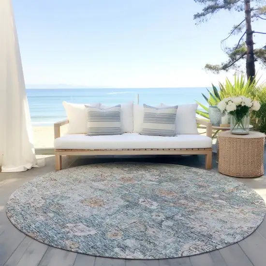 8' Green Blue And Gray Round Oriental Washable Indoor Outdoor Area Rug Photo 6