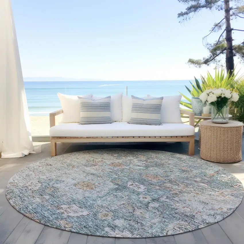 8' Green Blue And Gray Round Oriental Washable Indoor Outdoor Area Rug Photo 6
