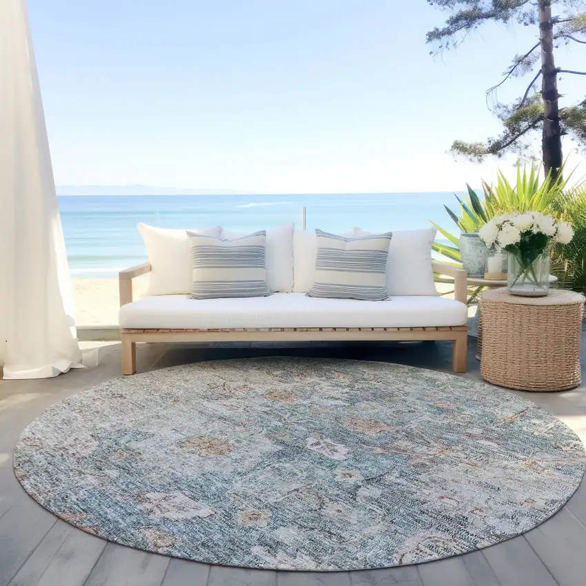 8' Green Blue And Gray Round Oriental Washable Indoor Outdoor Area Rug Photo 6