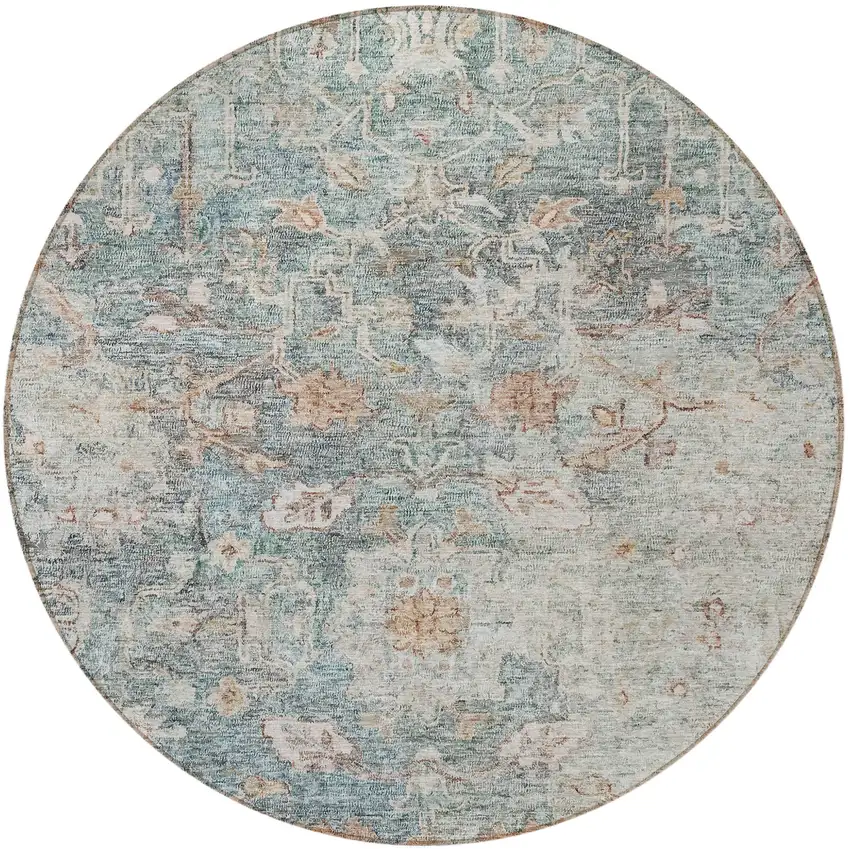 8' Green Blue And Gray Round Oriental Washable Indoor Outdoor Area Rug Photo 5