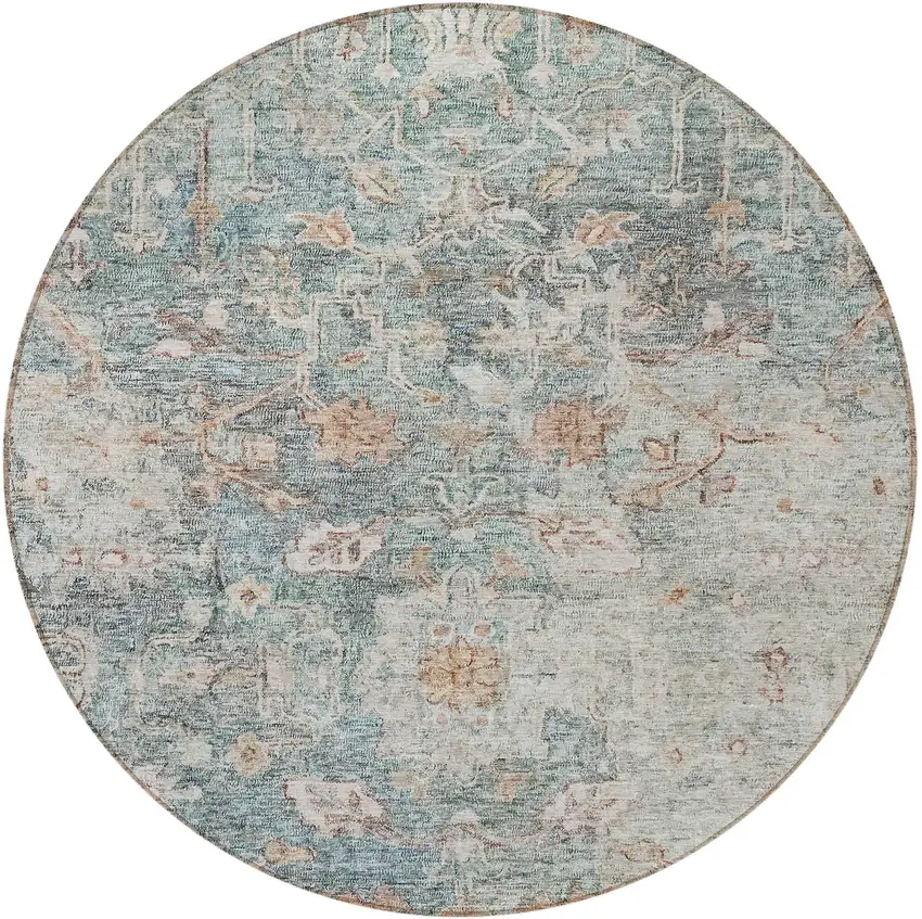 8' Green Blue And Gray Round Oriental Washable Indoor Outdoor Area Rug Photo 5