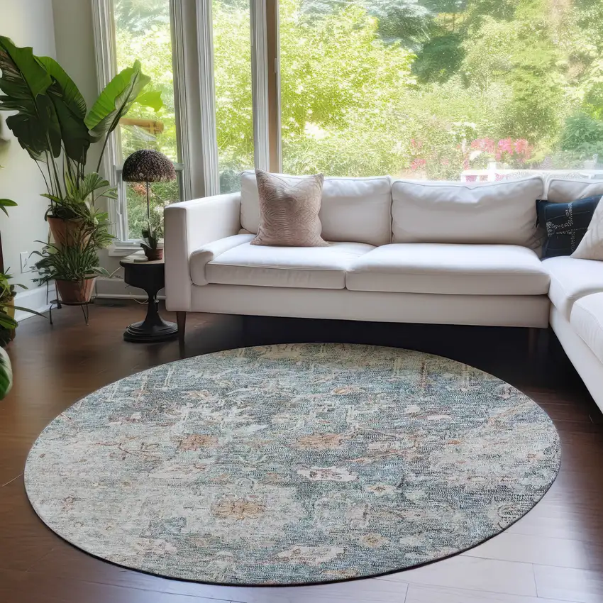 8' Green Blue And Gray Round Oriental Washable Indoor Outdoor Area Rug Photo 7