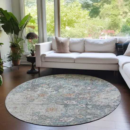 8' Green Blue And Gray Round Oriental Washable Indoor Outdoor Area Rug Photo 7