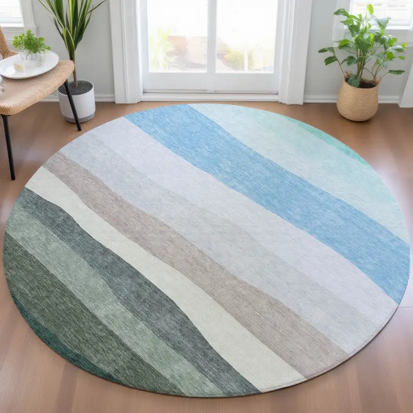 8' Green Blue And Gray Round Striped Washable Indoor Outdoor Area Rug Photo 6