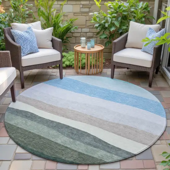 8' Green Blue And Gray Round Striped Washable Indoor Outdoor Area Rug Photo 5