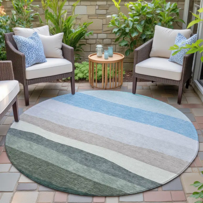 8' Green Blue And Gray Round Striped Washable Indoor Outdoor Area Rug Photo 5