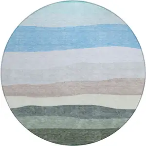 Photo of 8' Green Blue And Gray Round Striped Washable Indoor Outdoor Area Rug