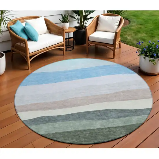 8' Green Blue And Gray Round Striped Washable Indoor Outdoor Area Rug Photo 2