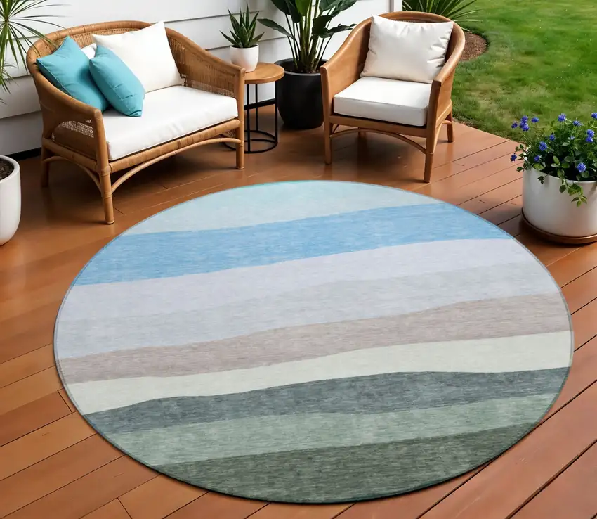 8' Green Blue And Gray Round Striped Washable Indoor Outdoor Area Rug Photo 2
