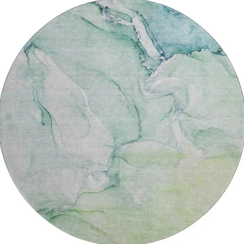 8' Green Blue And Ivory Abstract Washable Round Rug With UV Protection Photo 4