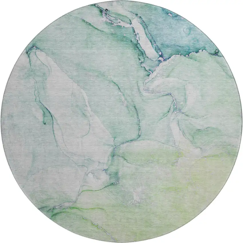 8' Green Blue And Ivory Abstract Washable Round Rug With UV Protection Photo 1
