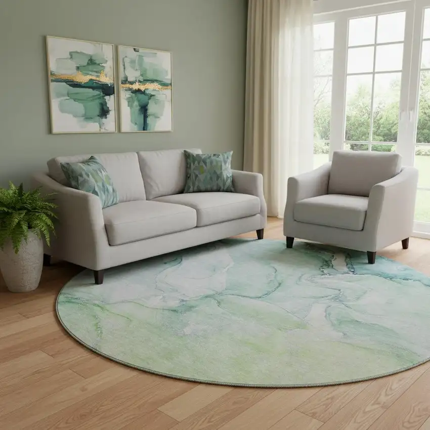 8' Green Blue And Ivory Abstract Washable Round Rug With UV Protection Photo 1