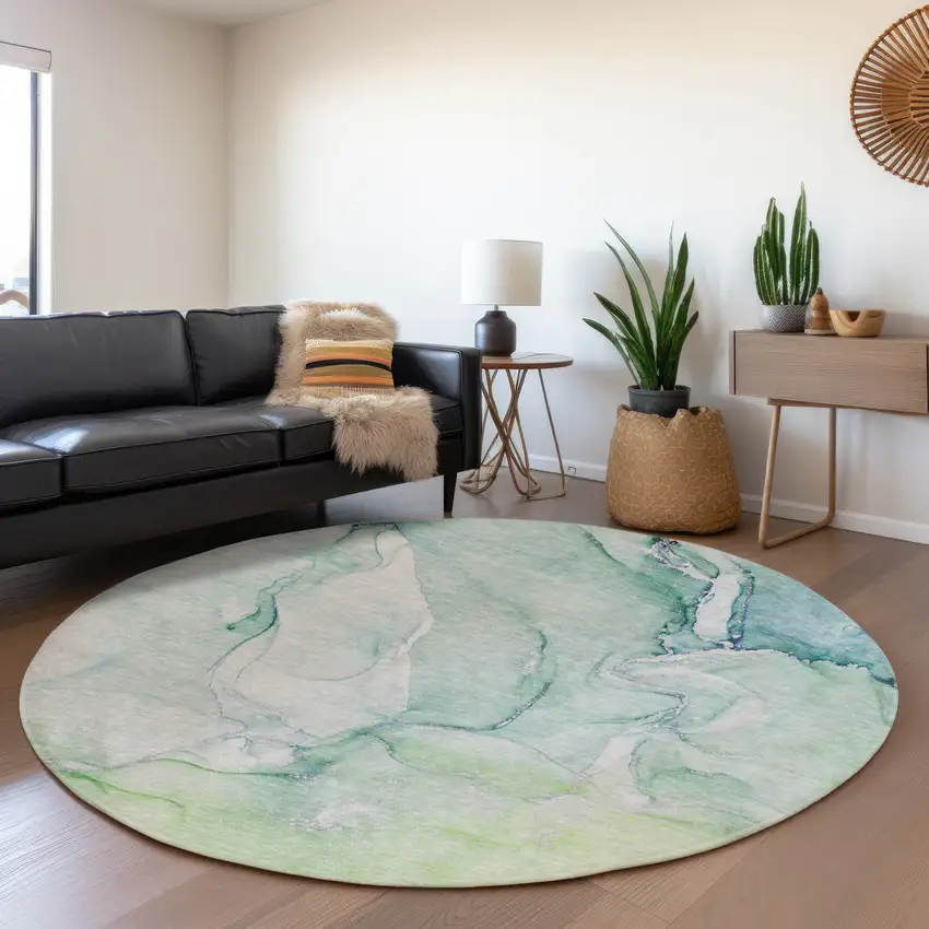 8' Green Blue And Ivory Abstract Washable Round Rug With UV Protection Photo 5
