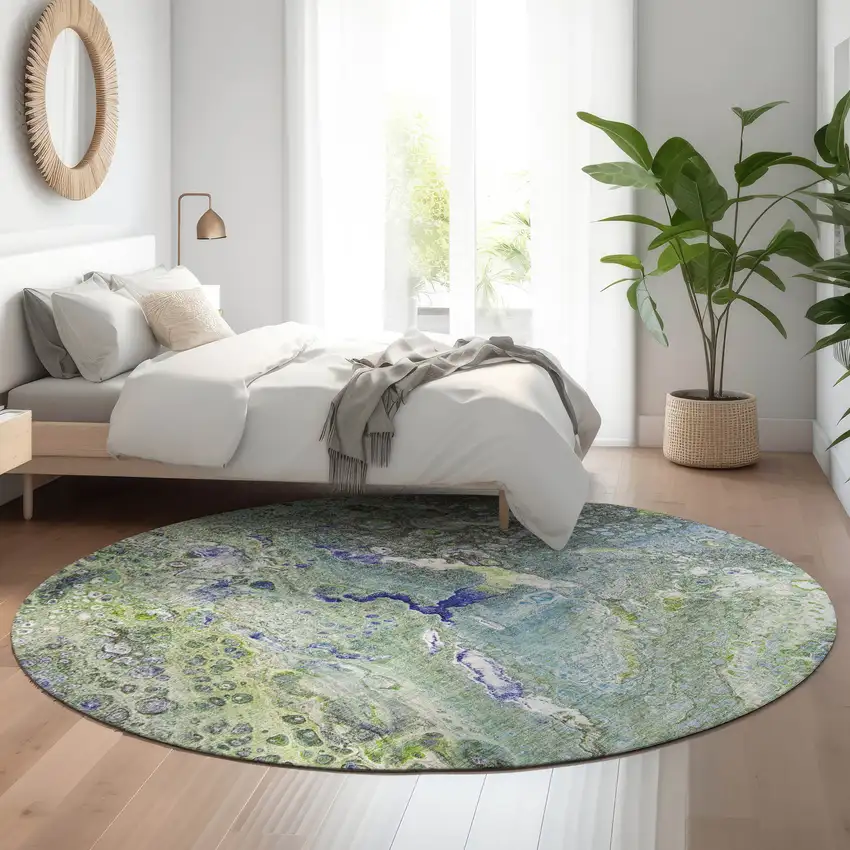 8' Green Blue And Ivory Abstract Washable Round Rug With UV Protection Photo 4