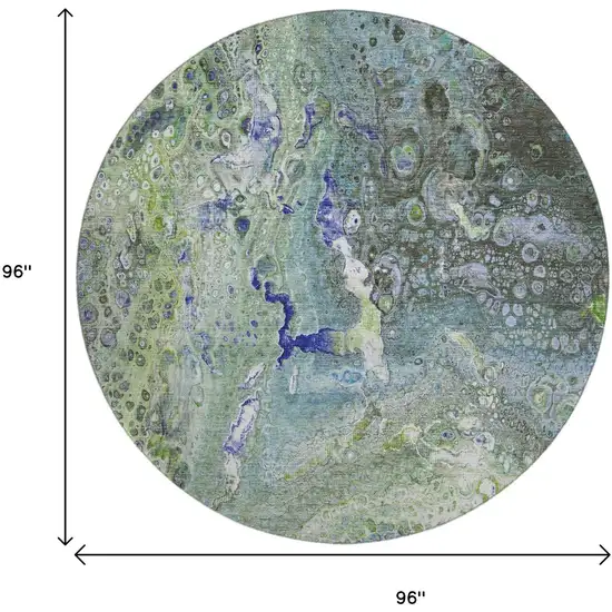 8' Green Blue And Ivory Abstract Washable Round Rug With UV Protection Photo 9