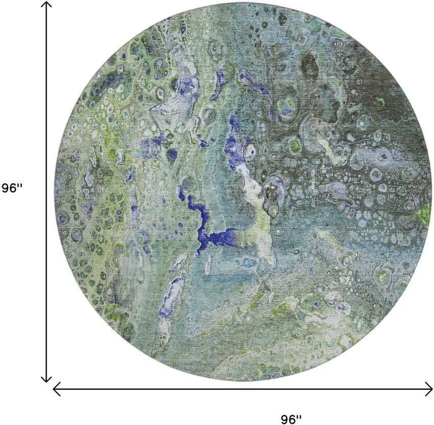 8' Green Blue And Ivory Abstract Washable Round Rug With UV Protection Photo 9