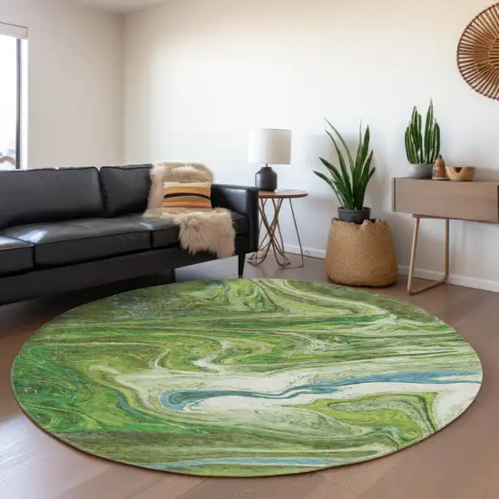 8' Green Blue And Ivory Abstract Washable Round Rug With UV Protection Photo 4