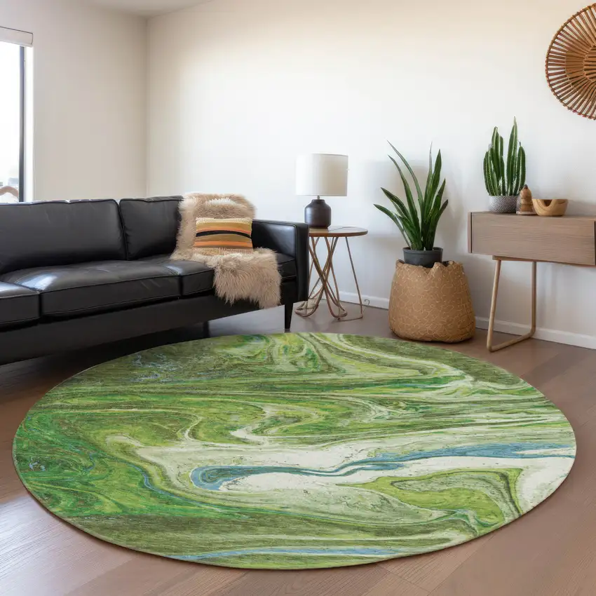 8' Green Blue And Ivory Abstract Washable Round Rug With UV Protection Photo 4