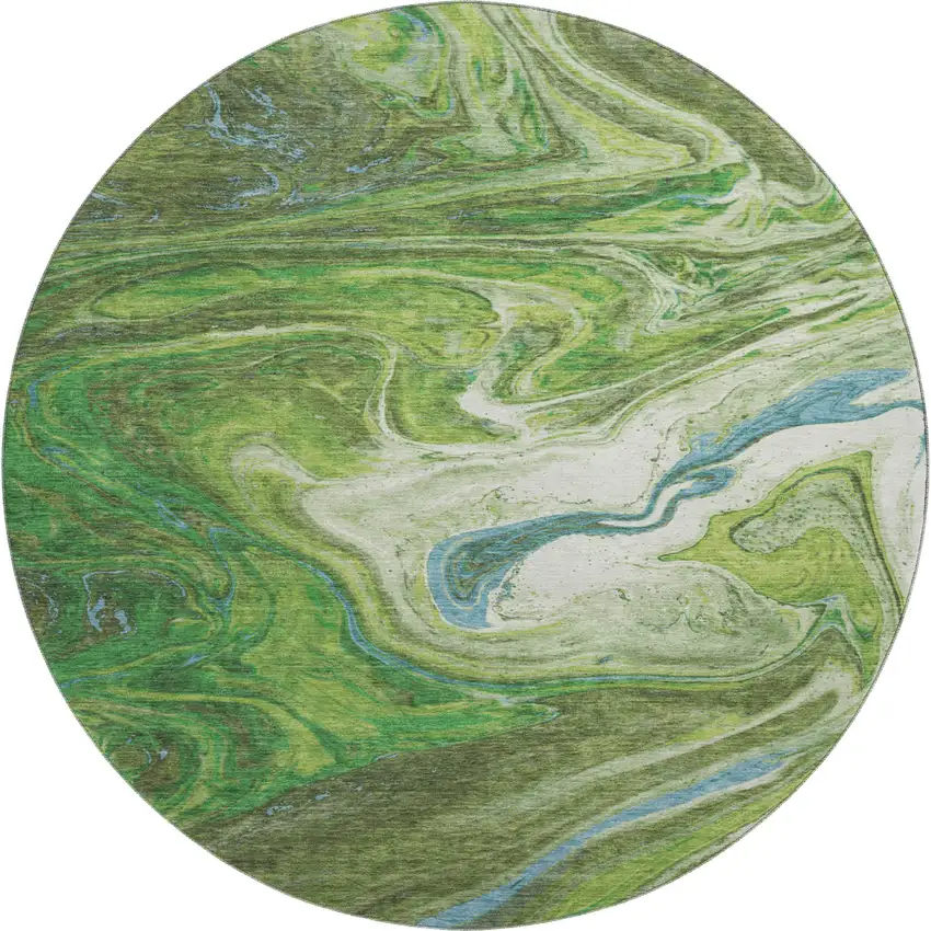 8' Green Blue And Ivory Abstract Washable Round Rug With UV Protection Photo 1
