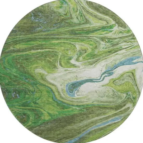 8' Green Blue And Ivory Abstract Washable Round Rug With UV Protection Photo 2