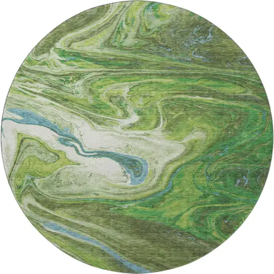 8' Green Blue And Ivory Abstract Washable Round Rug With UV Protection Photo 3