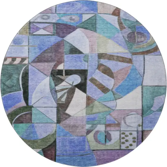 8' Green Blue And Ivory Abstract Washable Round Rug With UV Protection Photo 2