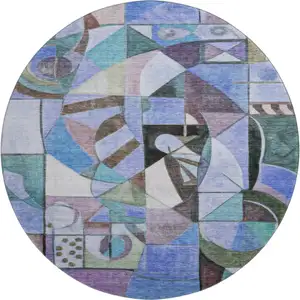 Photo of 8' Green Blue And Ivory Abstract Washable Round Rug With UV Protection